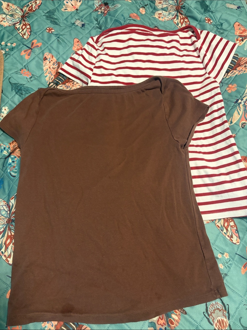 Brown Tee with Red & White Striped Tee - Casual Layered Look